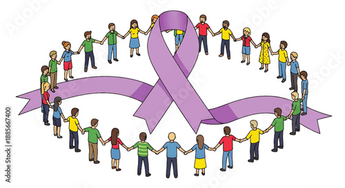 Diverse People Unite in a Circle Around a Purple Ribbon to Show Solidarity and Support