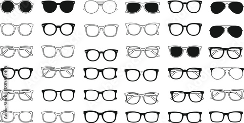 Large collection of black sunglasses and eyeglasses frames silhouettes, set of various modern and classic eyewear styles, vector illustration isolated on white background,