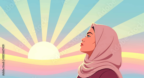 Hopeful Hijabged Woman Gazing at Sunset, Celebrating Cancer World Day with Calm Serenity