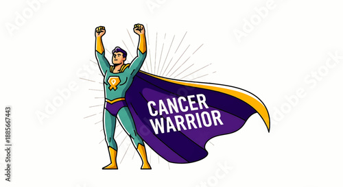 Cancer Warrior Superhero Stands Victorious on White Background in Dynamic Cartoon Illustration