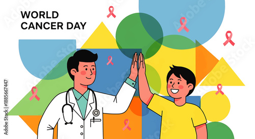Two Men High-Five in Celebration for World Cancer Day with Colorful Ribbons and Shapes