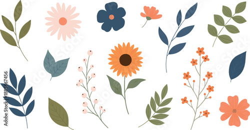 Minimal floral and leaf illustration set with wildflowers, botanical branches, soft earthy colors, and elegant nature elements in modern flat vector style