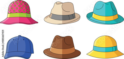 Colorful summer hat collection vector illustration set featuring casual and stylish headwear designs for fashion, beach, and outdoor accessories