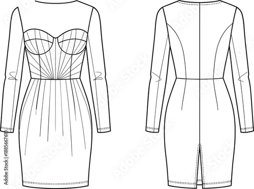 Women dress technical flat, long sleeve fitted pencil dress fashion sketch, front back view, apparel cad drawing flat vector