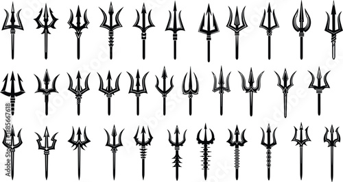 Large collection of black trident and mythical harpoon silhouettes, set of ancient sea weapon icons, vector illustration isolated on white background, ocean spears.