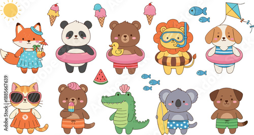 Cute summer animal characters vector illustration set with inflatable rings, ice cream, beach toys and cartoon pets enjoying swimming and vacation activities isolated
