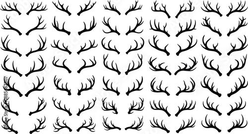 Large collection of black deer and elk antler silhouettes, set of various woodland animal horn shapes, vector illustration isolated on white background, hunting,