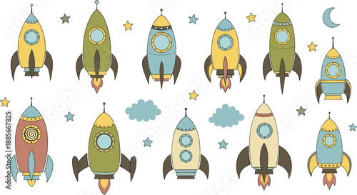 Cute space rocket vector illustration set showing colorful cartoon spacecraft, stars, clouds and moon, playful cosmic transportation designs for kids and science projects isolated