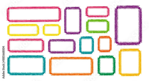 A collection of vibrant, hand-drawn rectangular frames in various bright colors. Ideal for adding a creative and playful touch to designs, notes, or d