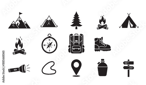 Black vector icons for camping, hiking and outdoor adventure activities