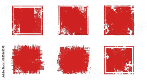 A set of four distressed red square graphic elements, featuring a textured, grunge, and abstract design. Ideal for use as backgrounds, borders, or des