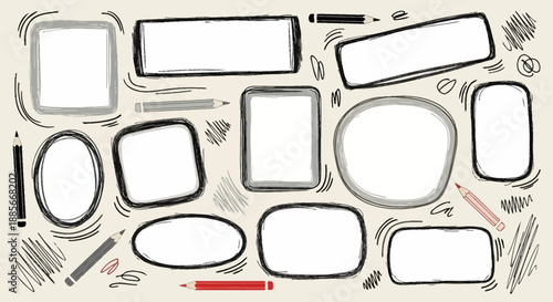 A collection of sketched frames and drawing tools, perfect for brainstorming, note-taking, or creative design projects. The loose style suggests a pro