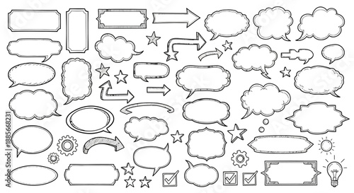 A collection of hand-drawn speech bubbles, frames, and gears, perfect for graphic design, brainstorming, or adding a creative touch to messages and id