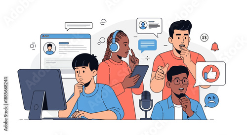 Diverse people collaborating on digital content creation and communication.