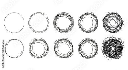 A progression of hand-drawn circles, moving from simple outlines to complex scribbles, representing the evolution of ideas or processes. Ideal for con