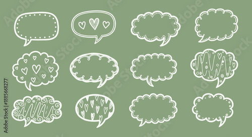 A collection of whimsical, hand-drawn speech bubbles in white on a muted green background, perfect for expressing thoughts, ideas, and affection in me