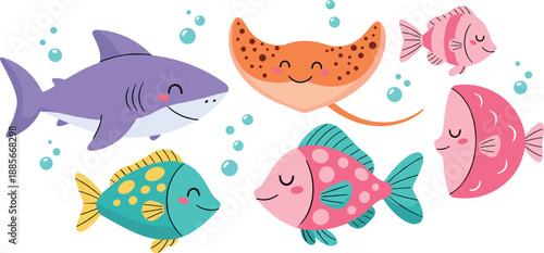 Cute underwater sea animal illustration set with smiling shark, manta ray, colorful fish, and playful ocean creatures in pastel flat vector style