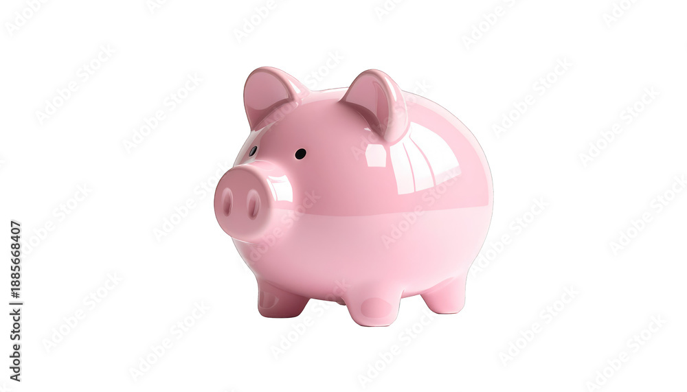 Obraz premium A pink piggy bank standing on a plain surface, viewed from the front, with a shiny finish and cute expression.