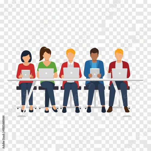 Diverse group of people sitting on a bench holding papers.