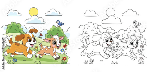 Happy cartoon puppy dog and cute baby goat running playfully together in green sunny meadow with blue bird and flowers vector illustration.
