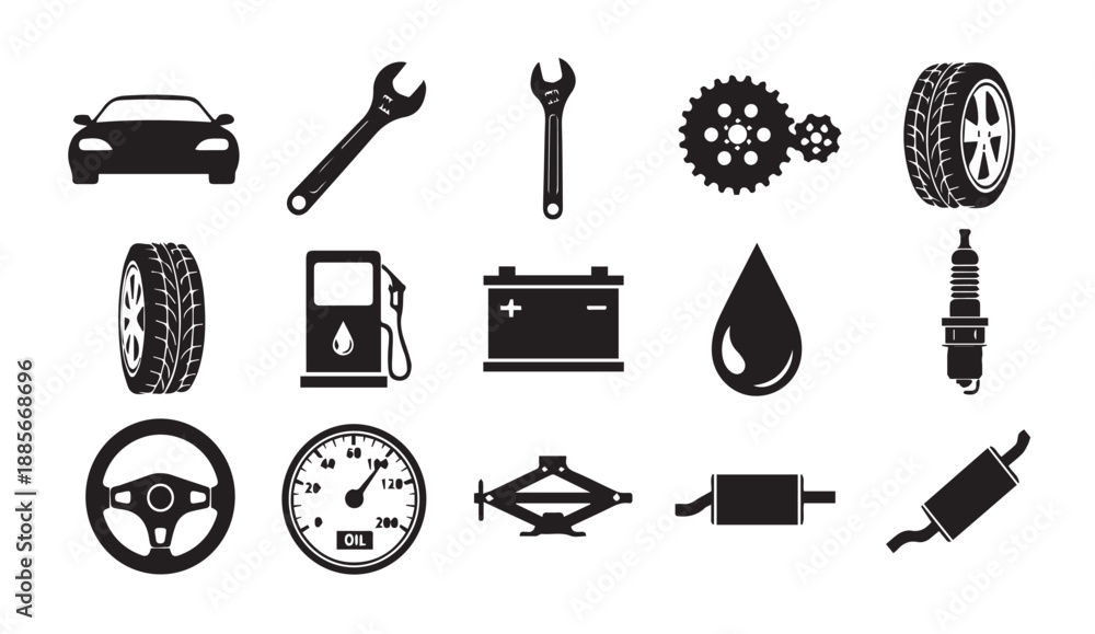 Obraz premium Black vector icons of various car parts and tools on white background
