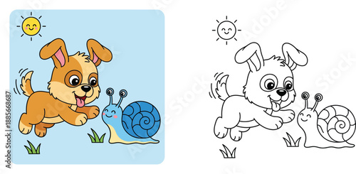 Happy cartoon brown puppy dog jumping playfully towards cute blue snail friend on sunny day vector illustration.