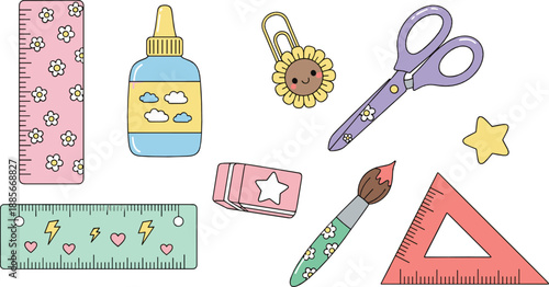 Cute school stationery illustration set with ruler, scissors, glue bottle, paint brush, eraser, and creative art supplies in playful flat vector style