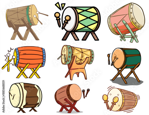 Set of colorful bedug illustrations. Traditional Islamic drums on wooden stands for Ramadan, Eid al-Fitr call to prayer, and festive celebrations.