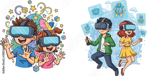 WebHappy cartoon children experiencing virtual reality using VR headsets, engaging with interactive games, monsters, and an exciting digital world.