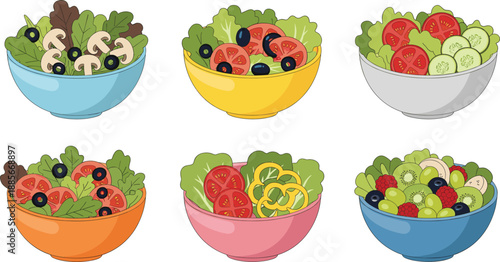 Fresh vegetable salad bowl collection vector illustration set featuring colorful healthy salads with tomatoes, cucumbers, olives, and leafy greens