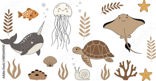 Cute underwater ocean animal illustration set with narwhal, jellyfish, turtle, stingray, shells, sea plants, and friendly marine life flat vector style