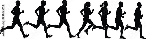 Adobe Stock Title (22 Words) Group of people running silhouette for marathon race and fitness health training, cad drawing flat vector illustration on a white background icon.