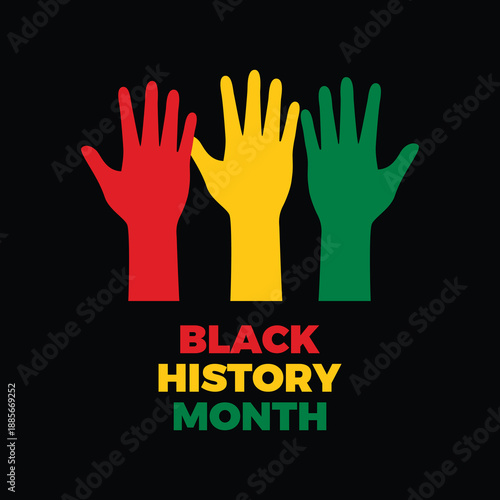 Black History Month poster with hands up vector illustration. Red gold green Pan-African flag raised hands up silhouette icon. Template for background, banner, card. Important day