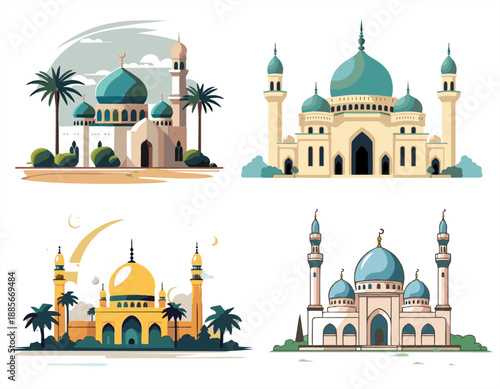 Set of Islamic mosque illustrations with palm trees and crescent moon. Arabic architectural buildings for Ramadan Kareem and Eid Mubarak designs.