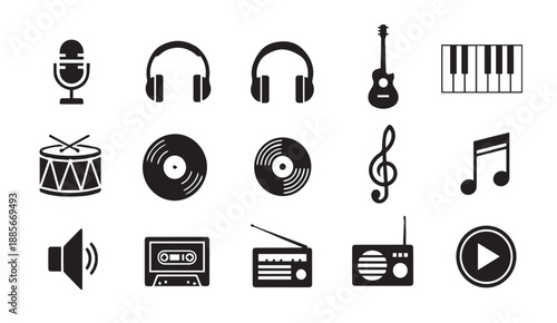 Collection of black music icons including microphones, headphones, instruments, and playback symbols.