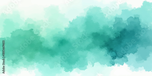 An abstract watercolor grunge vector background depicts a beautiful bright blue sky with fluffy white clouds and sunlight filtering through a summer atmosphere