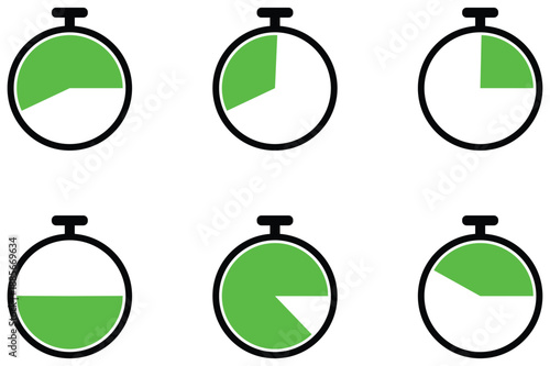 Collection of six simple stopwatch icons displaying various stages of progress with green fill isolated on a transparent background
