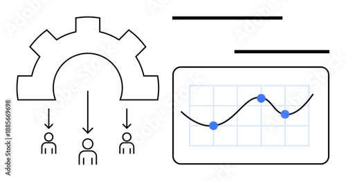Gear connecting three individuals, arrows indicating flow, and line chart with blue data points. Ideal for teamwork, process management, analytics, business efficiency, technology, project planning