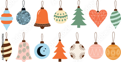 Scandinavian Christmas ornament illustration set with hanging decorations, baubles, trees, hearts, and festive holiday symbols in cozy flat vector style