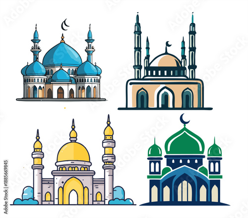 Set of colorful mosque illustrations with domes and minarets. Islamic architecture flat design for Ramadan Kareem, Eid Mubarak, and religious events.