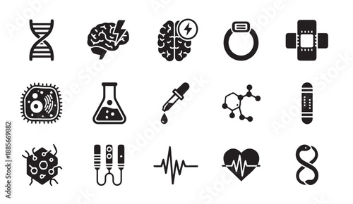 Collection of black and white science and medical icons including DNA, brain, bacteria, and lab equipment