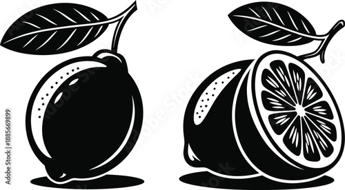 PrintMinimalist black and white citrus fruit illustration featuring a whole lemon and a sliced lime with leaves for kitchen decor and food branding.
