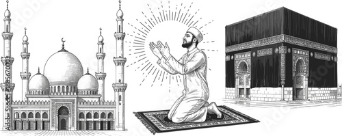 Vintage sketches of Kaaba in Makkah, mosque and praying man for Hajj and Umrah pilgrimage design