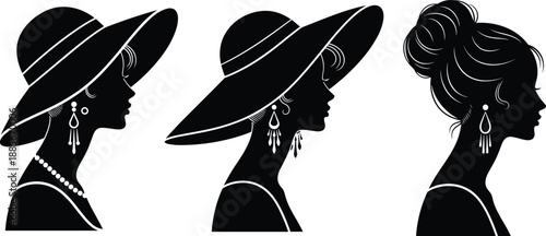 Elegant woman silhouette vector set with vintage hats and high bun hairstyle, female profiles wearing jewelry earrings and necklace, fashion beauty icons.