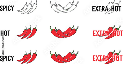 Spicy chili pepper icon set with hot and extra hot labels, red pepper symbols, food heat level indicators, and bold flat vector illustrations