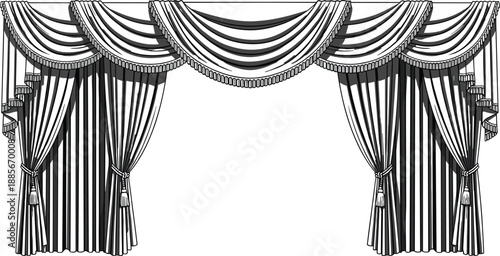 Elegant classic curtains with luxury valance vector illustration, decorative window drapes for interior design, theater stage backdrop, and home textile sketch icon.