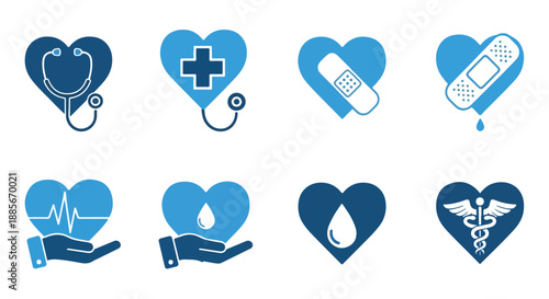 Set of 8 Blue Heart Medical and Healthcare Vector Icons