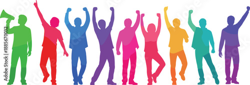 WebColorful vibrant silhouettes of diverse people celebrating together with raised hands and megaphone as a group of happy young men cheering for success