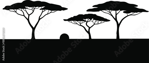PrintBlack silhouette of African savanna landscape featuring umbrella thorn acacia trees and a rising sun for safari and wilderness nature concepts.