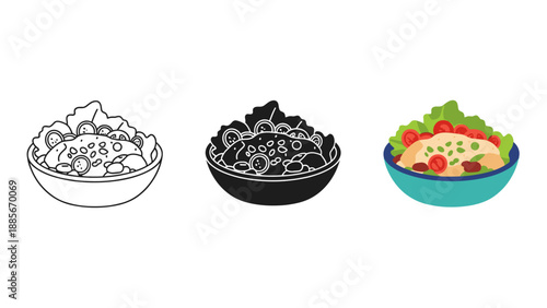 Three bowls of salad with different styles